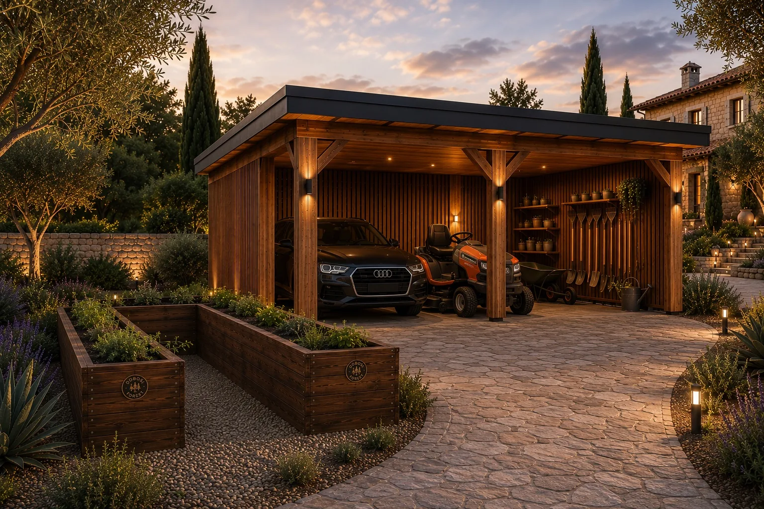 gardenport_nagy_kocsibeálló és tároló sunset karakteres, természetes kertépítészet, design kocsibeálló és szerszámtároló Thermowood felületekkel, magaágyással kiegészítve