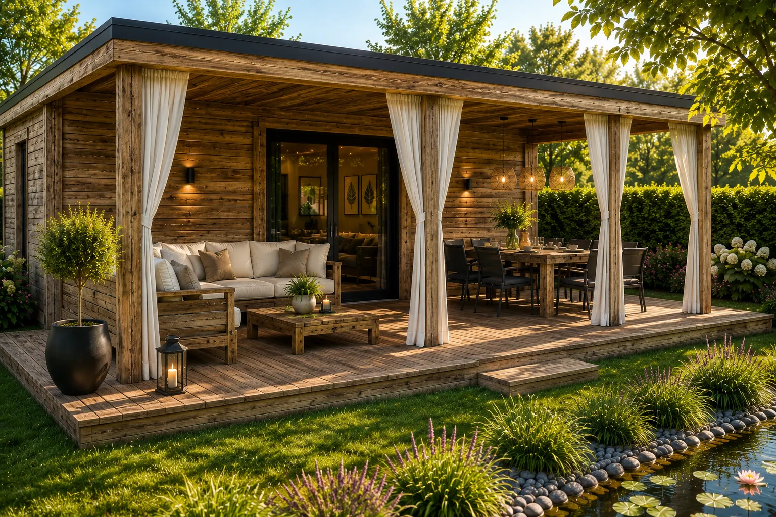 Beach Cabana 500 prémium fa kerti ház lounge terasszal mediterrán környezetben
