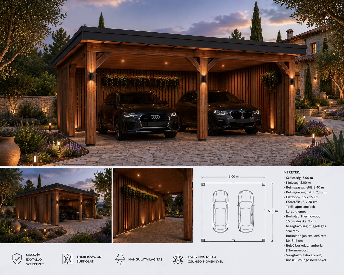 Forest Garden Port fa kocsibeálló és fedett kültéri tároló Thermowood burkolattal