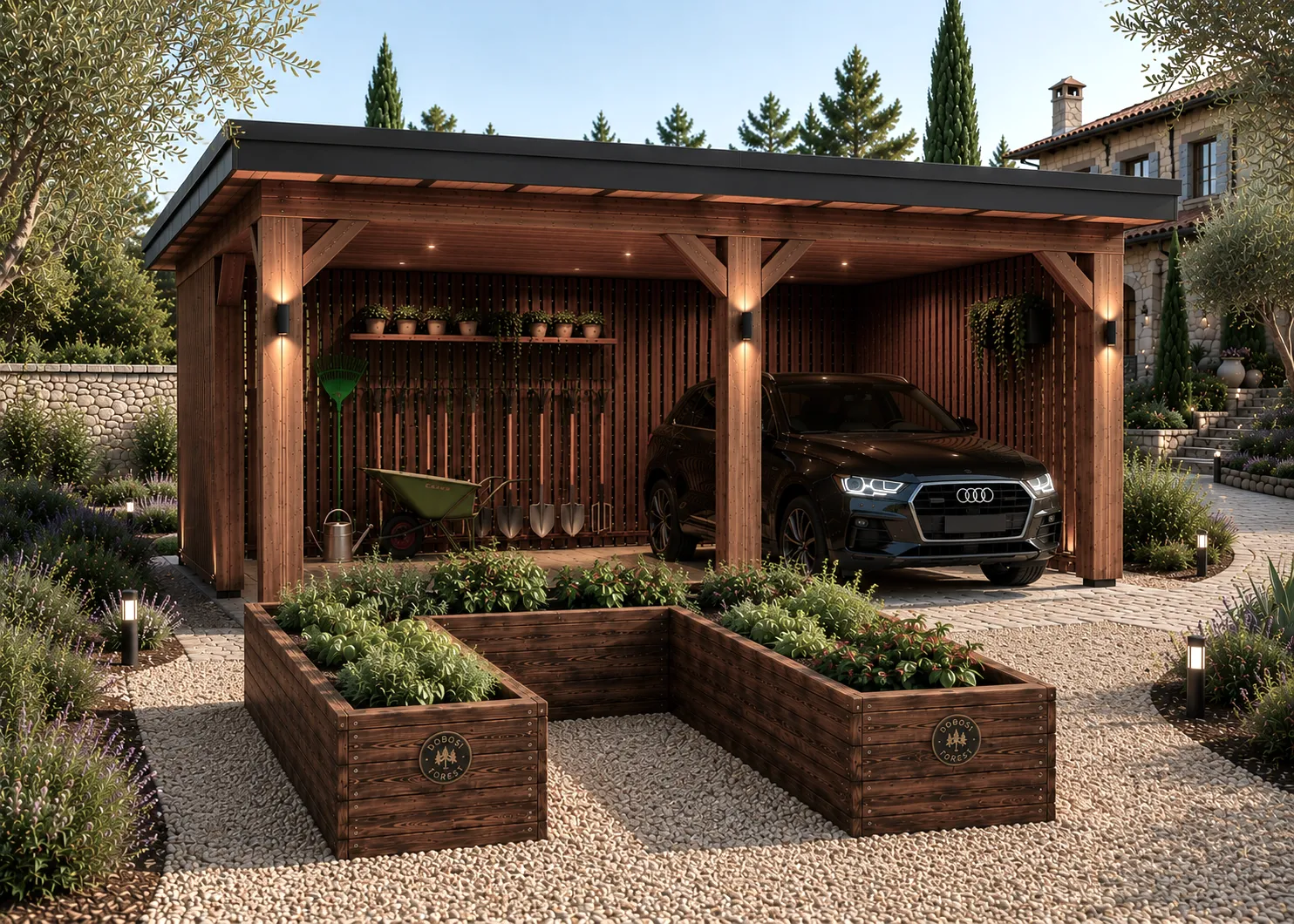 Forest Garden Port fa kocsibeálló és fedett kültéri tároló Thermowood burkolattal