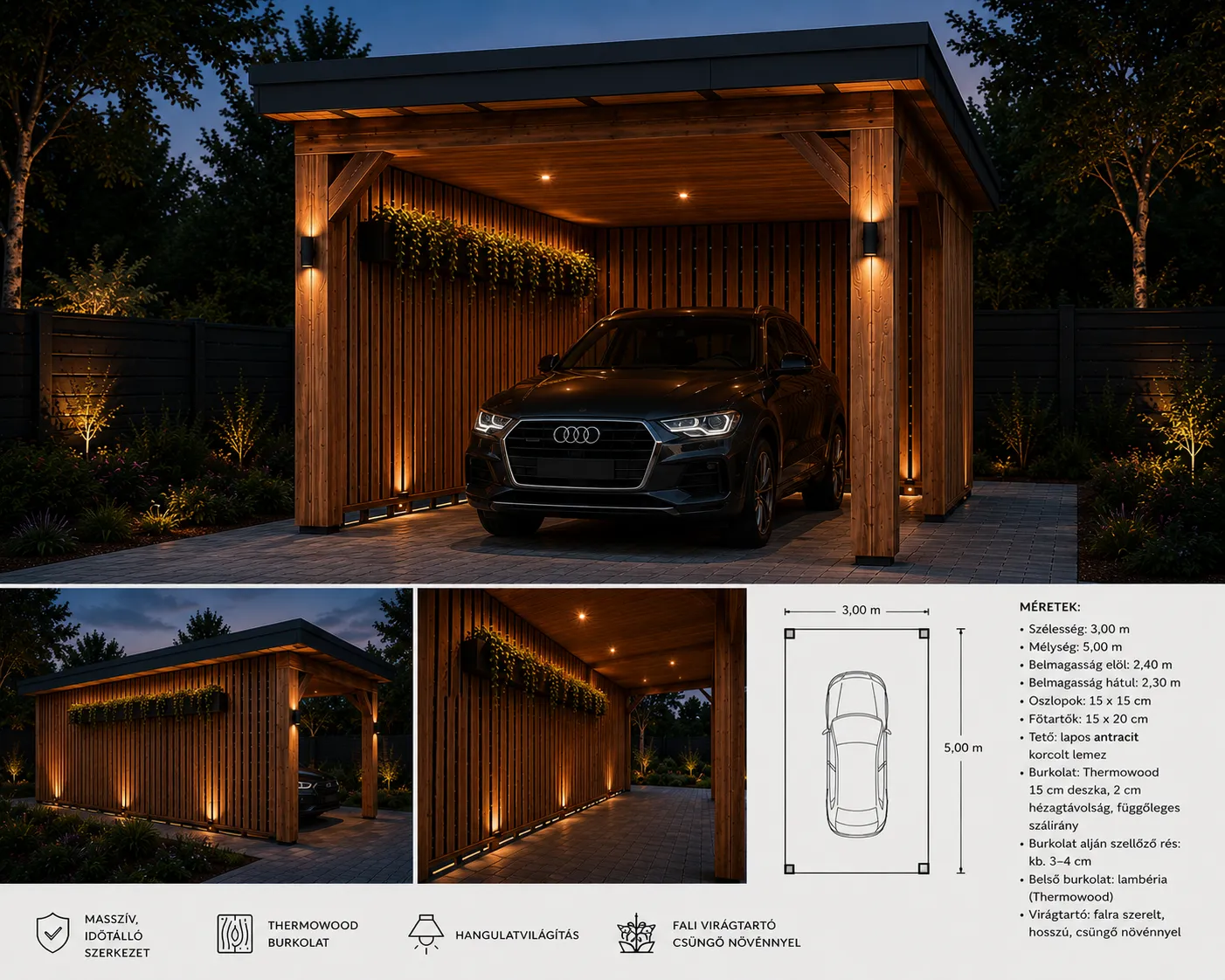 Forest Garden Port fa kocsibeálló és fedett kültéri tároló Thermowood burkolattal
