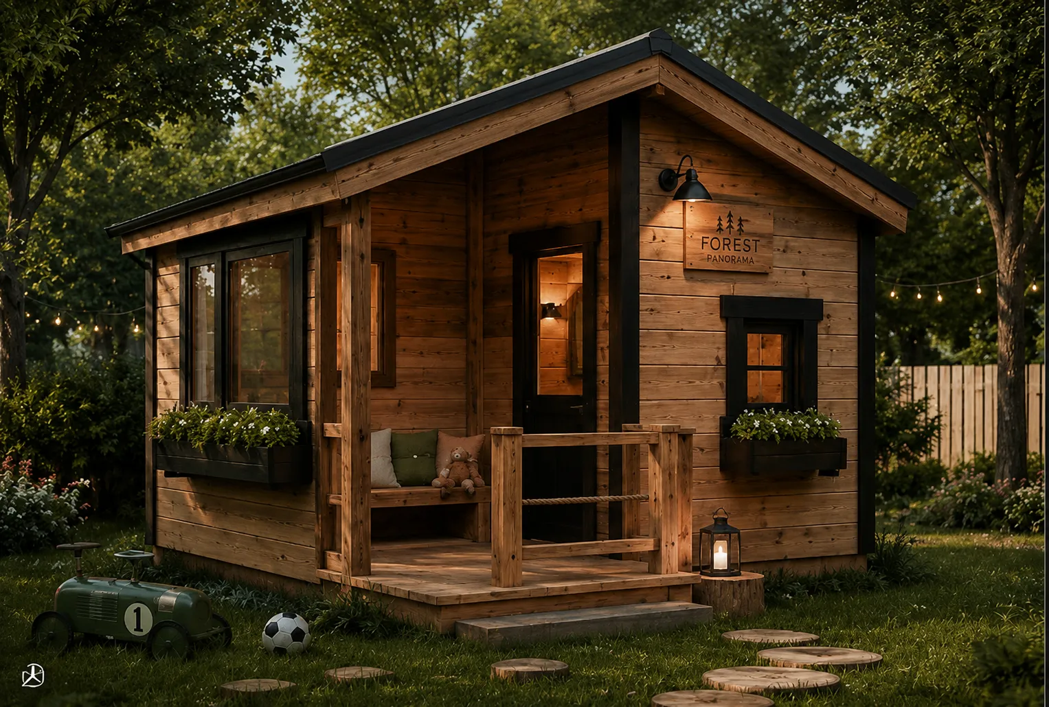Forest Mini Lodge Kid prémium fa játszóház kertbe Thermowood burkolattal